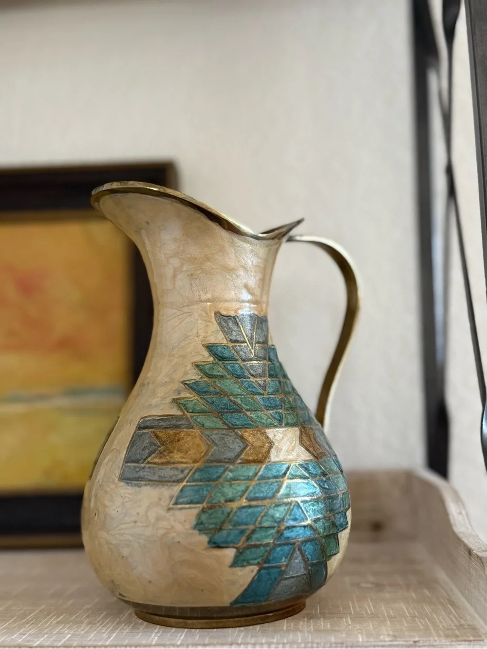Vintage Brass Turquoise and Gold Geometric Pitcher Vase - Picture 2 of 7